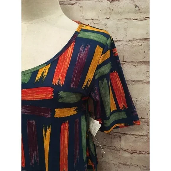 LuLaRoe Womens XS Perfect T Shirt Top Teal Blue Brush Strokes Short Sleeve NEW - Picture 2 of 3